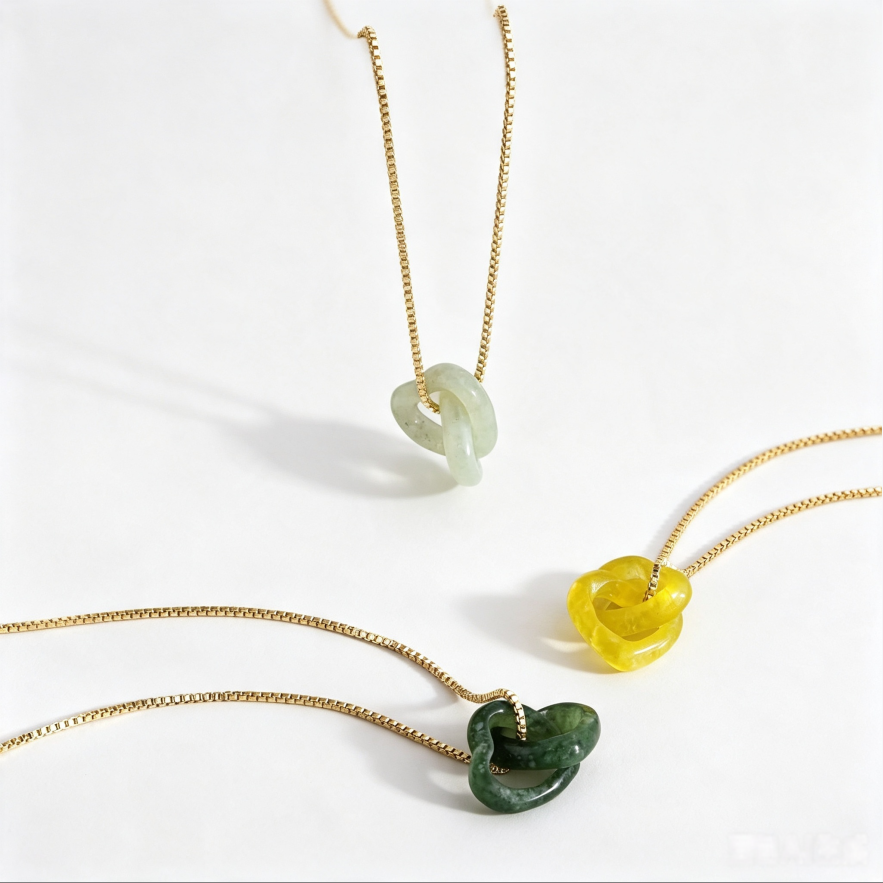 Natural Jade Interlocking Heart Necklace Minimalist Gemstone Pendant Necklace