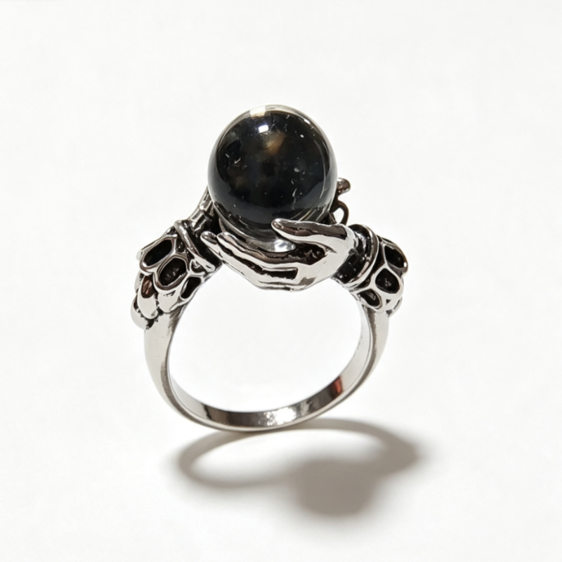 Mystic Hands Holding Orb Ring Sterling Silver Crystal Ball Statement Ring