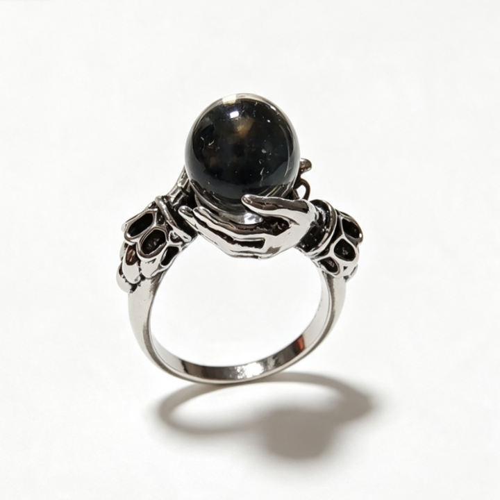 Mystic Hands Holding Orb Ring Sterling Silver Crystal Ball Statement Ring