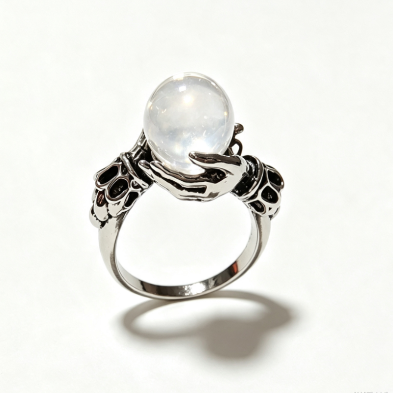 Mystic Hands Holding Orb Ring Sterling Silver Crystal Ball Statement Ring