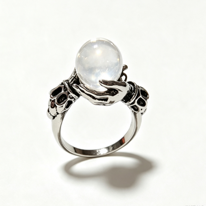 Mystic Hands Holding Orb Ring Sterling Silver Crystal Ball Statement Ring