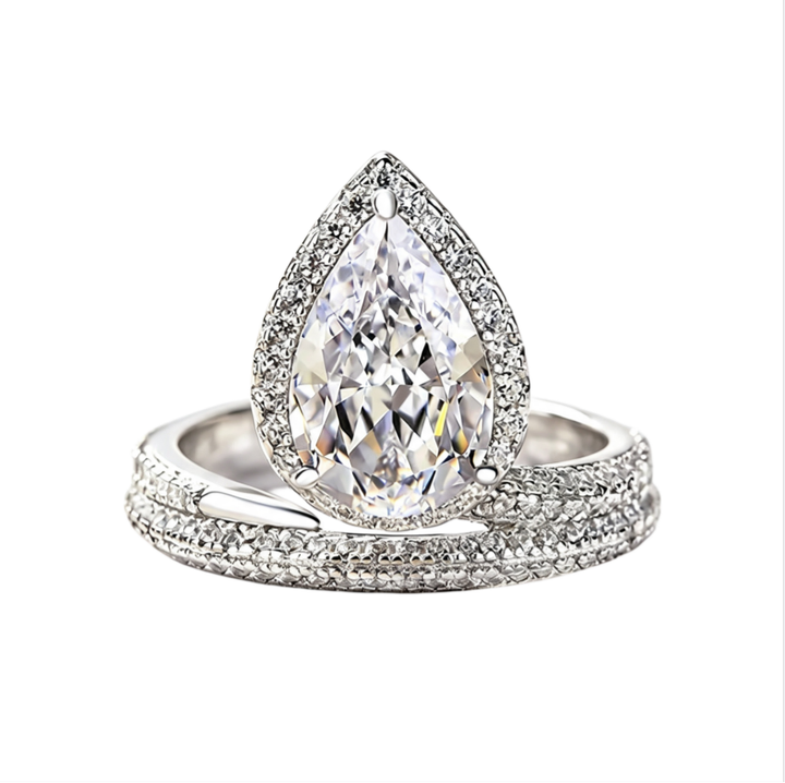 Pear Cut Halo Diamond Ring Set 925 Sterling Silver Bridal Engagement & Wedding Band