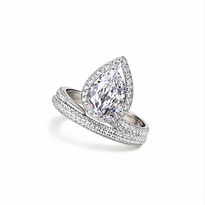 Pear Cut Halo Diamond Ring Set 925 Sterling Silver Bridal Engagement & Wedding Band