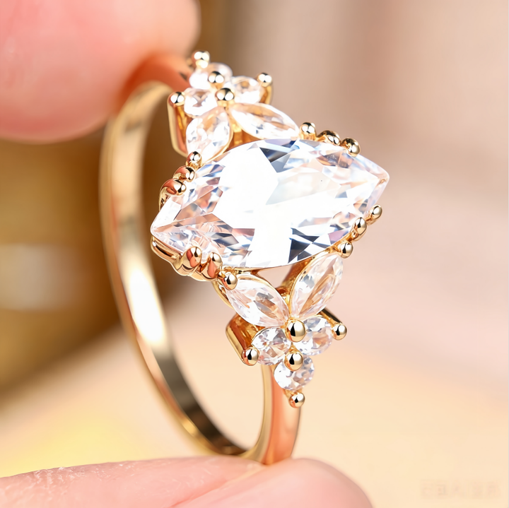 Sterling Silver Marquise Diamond Ring with Floral Side Accents