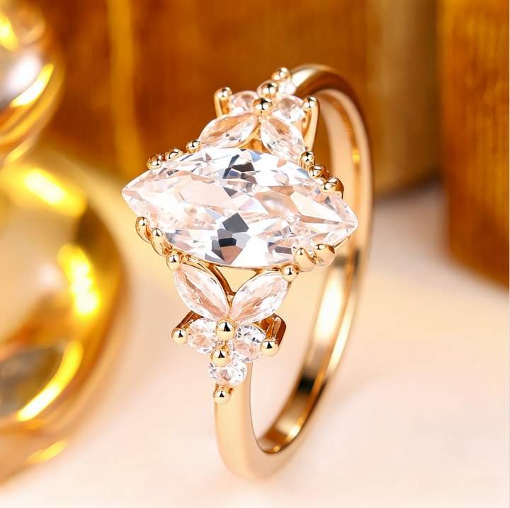 Sterling Silver Marquise Diamond Ring with Floral Side Accents