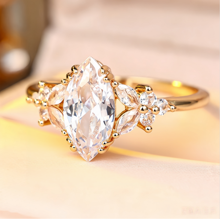 Sterling Silver Marquise Diamond Ring with Floral Side Accents