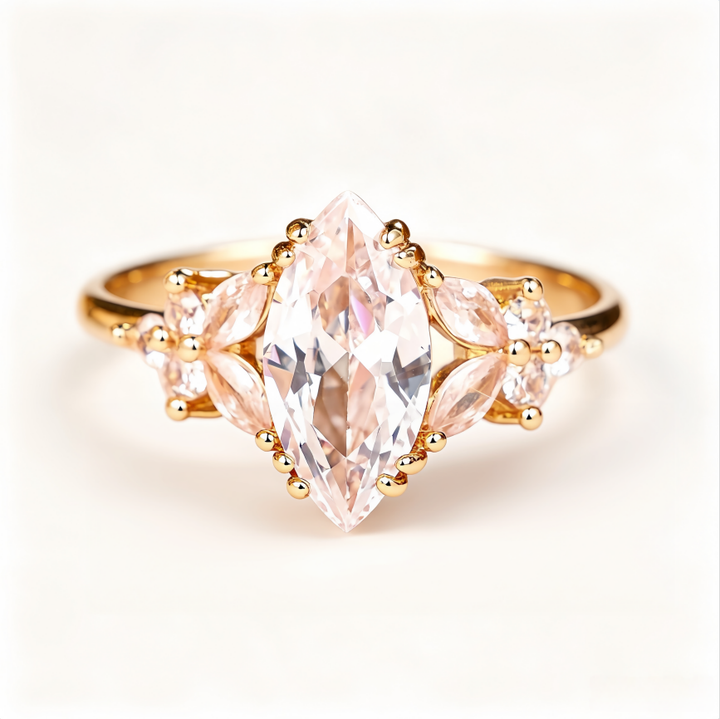 Sterling Silver Marquise Diamond Ring with Floral Side Accents