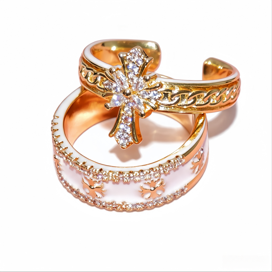 Pink Enamel Cross Ring Set | Y2K Diamond Open Adjustable Rings for Women