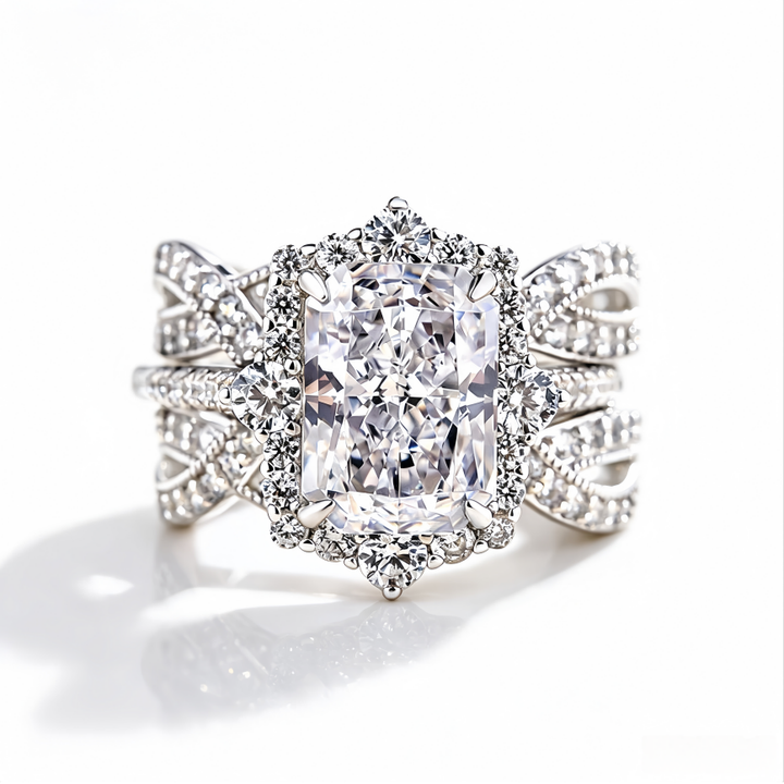 S925 Sterling Silver Radiant Cut Diamond Two Piece Bridal Ring Set For Women