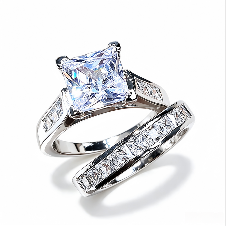 S925 Sterling Silver Princess Cut Diamond Two Piece Bridal Ring Set For Women