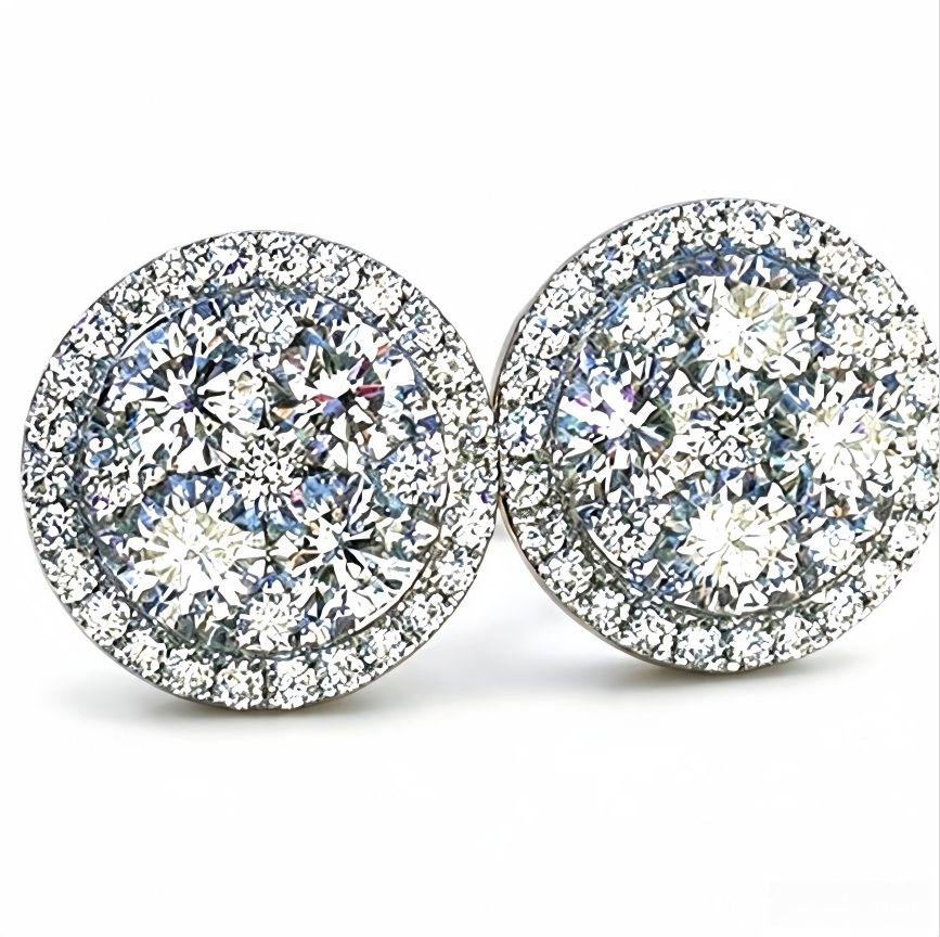 Round Double Halo Diamond Stud Earrings Luxury Bridal Ear Jewelry