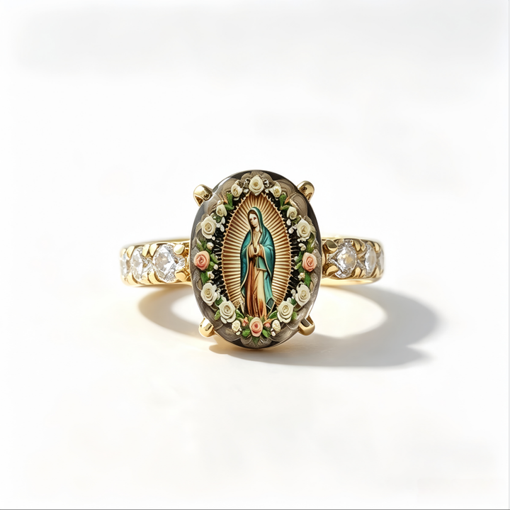 Our Lady of Guadalupe Floral Portrait Diamond Ring Vintage Religious Women Ring