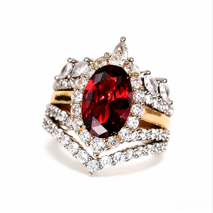 Vintage Oval Gemstone Diamond Three Piece Ring Set Two Tone Stackable Womens Rings