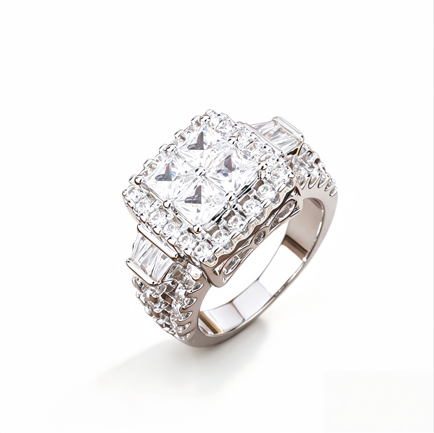 Luxury Square Cluster Set Sterling Silver Ring Paved Diamond Unisex Engagement Ring