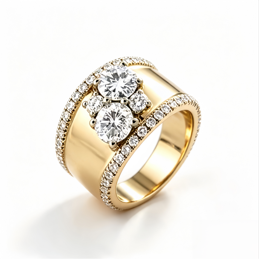 Wide Band Cluster Diamond Titanium Steel Ring Neutral Unisex Ring