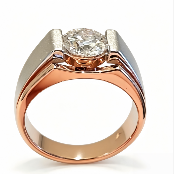 Two Tone Matte Wide Band Single Stone Titanium Steel Ring Bold Mens Diamond Ring