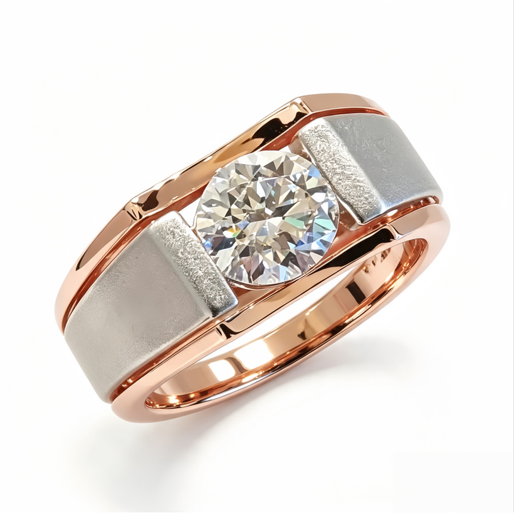 Two Tone Matte Wide Band Single Stone Titanium Steel Ring Bold Mens Diamond Ring
