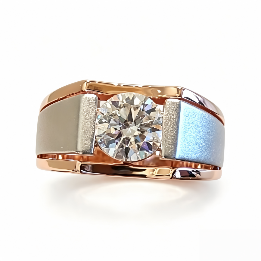 Two Tone Matte Wide Band Single Stone Titanium Steel Ring Bold Mens Diamond Ring