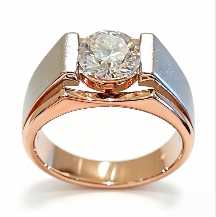 Two Tone Matte Wide Band Single Stone Titanium Steel Ring Bold Mens Diamond Ring