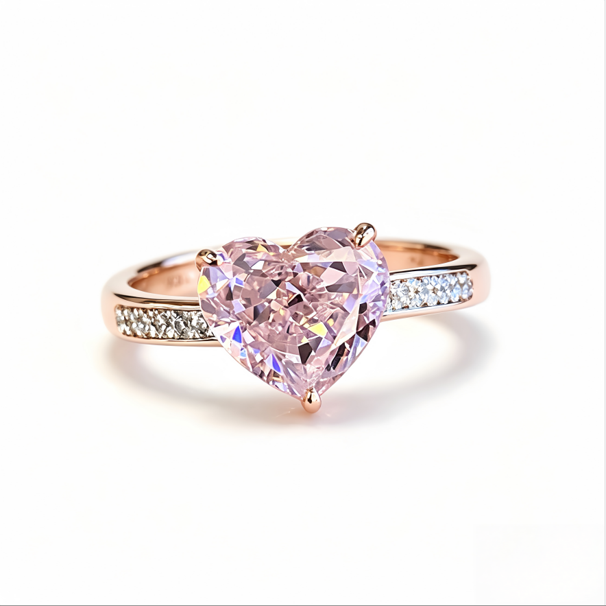 Heart Pink Diamond Paved Thin Ring Elegant Womens Diamond Band