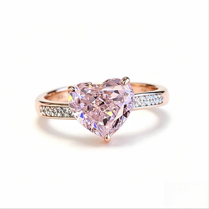 Heart Pink Diamond Paved Thin Ring Elegant Womens Diamond Band