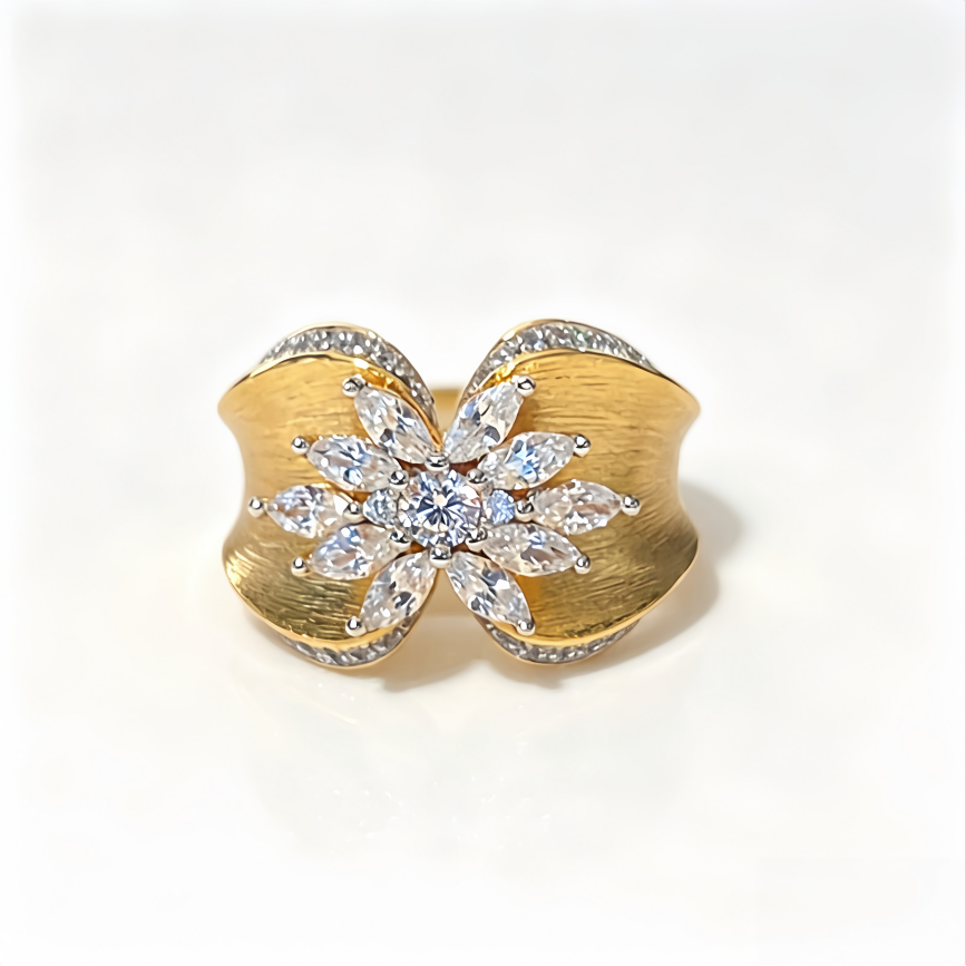 Vintage Textured Engraved Gold Petal Diamond Ring, Luxury Artistic Wide Band Ring For Women