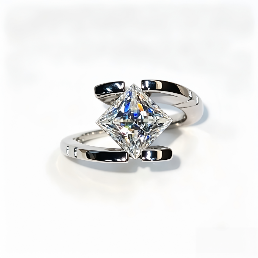 Geometric Princess Cut Diamond Ring, S925 Silver Unique Intertwined Design Women’s Ring