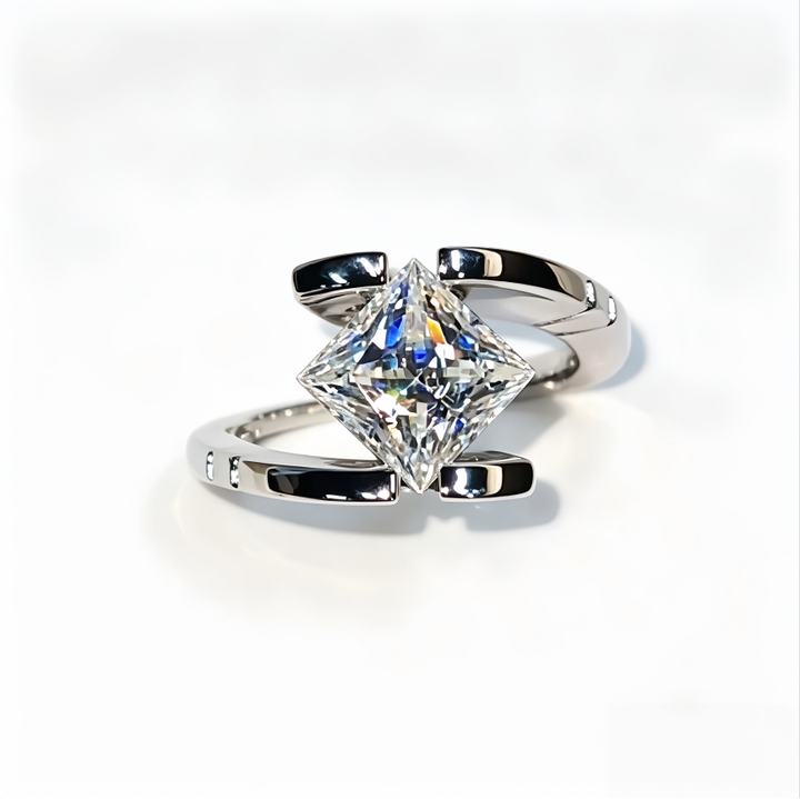 Geometric Princess Cut Diamond Ring, S925 Silver Unique Intertwined Design Women’s Ring