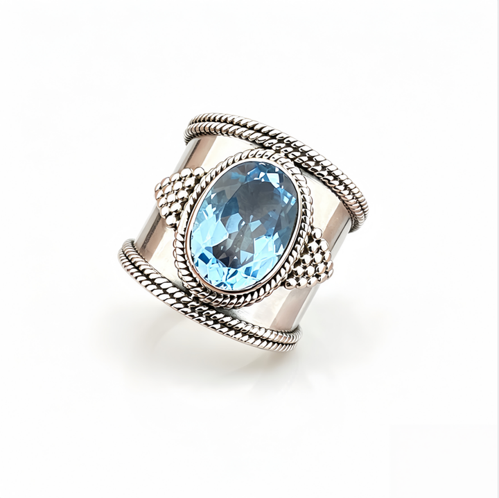 Vintage Oval Blue Gem Wide Band Ring S925 Silver Bohemian Twisted Texture Women Ring
