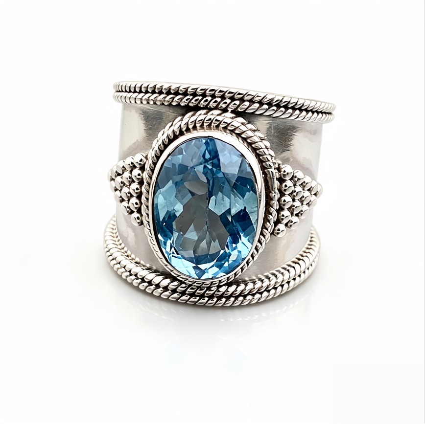 Vintage Oval Blue Gem Wide Band Ring S925 Silver Bohemian Twisted Texture Women Ring