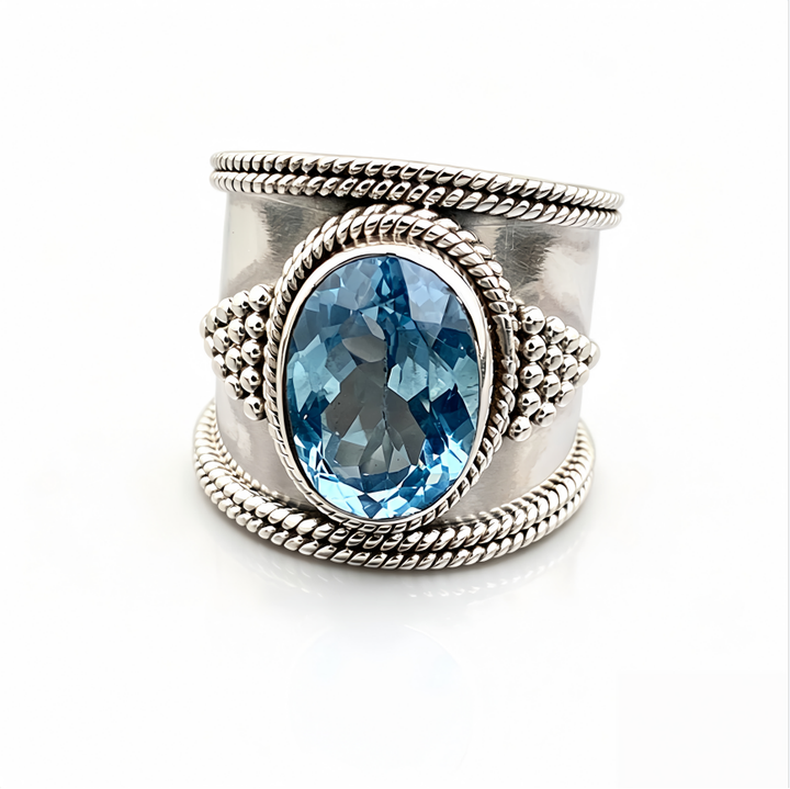 Vintage Oval Blue Gem Wide Band Ring S925 Silver Bohemian Twisted Texture Women Ring