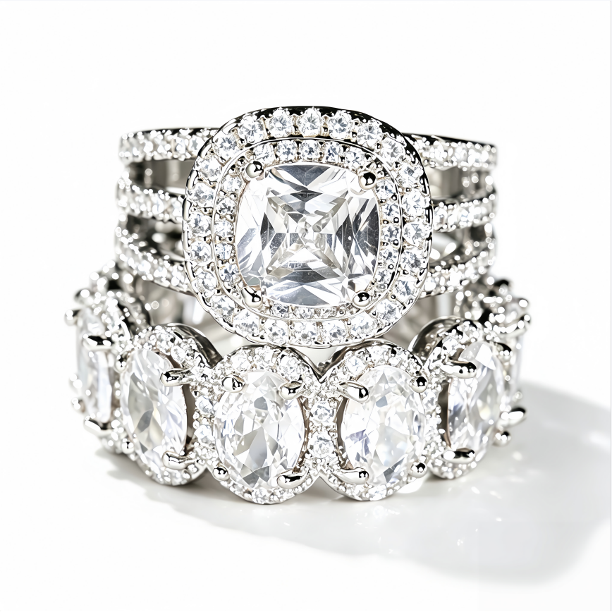 Two Piece Stackable Colored Gemstone Ring Set Luxury Elegant Women Diamond Ring