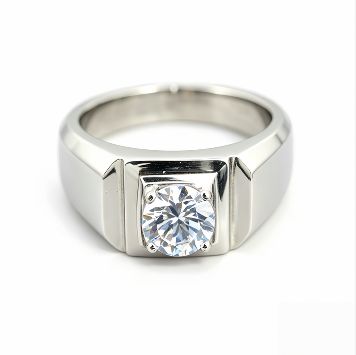 Men Classic Square Frame Solitaire Sterling Silver Diamond Ring