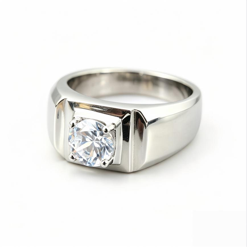Men Classic Square Frame Solitaire Sterling Silver Diamond Ring