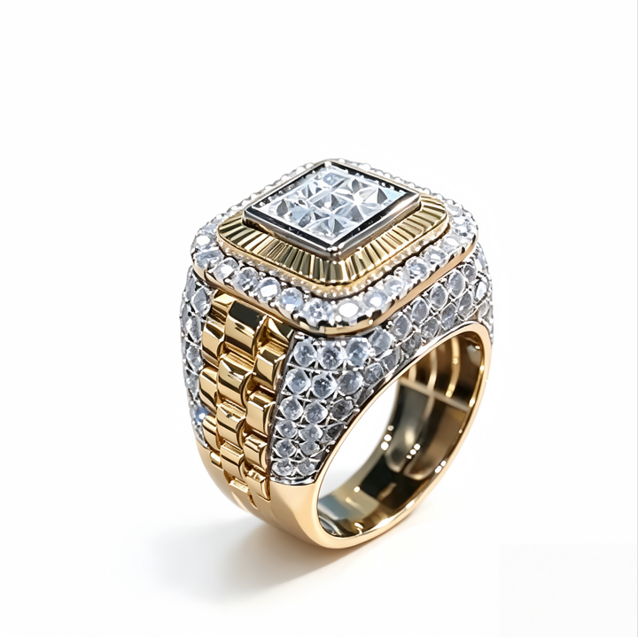 Hip Hop Two‑Tone Square Full Stone Bold Wide Band Mens Ring