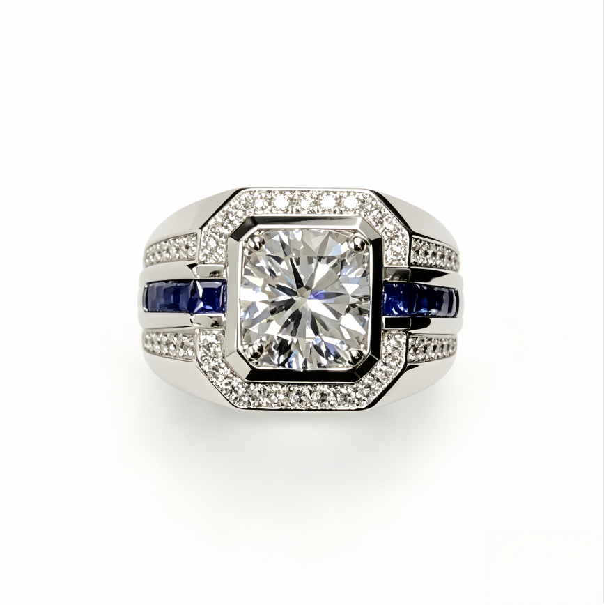 Vintage Square Center Stone Sapphire Diamond Wide Band Mens Ring