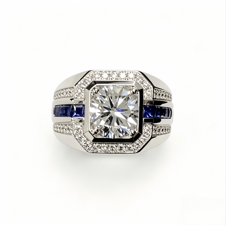 Vintage Square Center Stone Sapphire Diamond Wide Band Mens Ring
