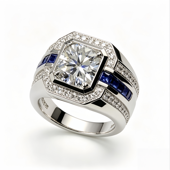 Vintage Square Center Stone Sapphire Diamond Wide Band Mens Ring