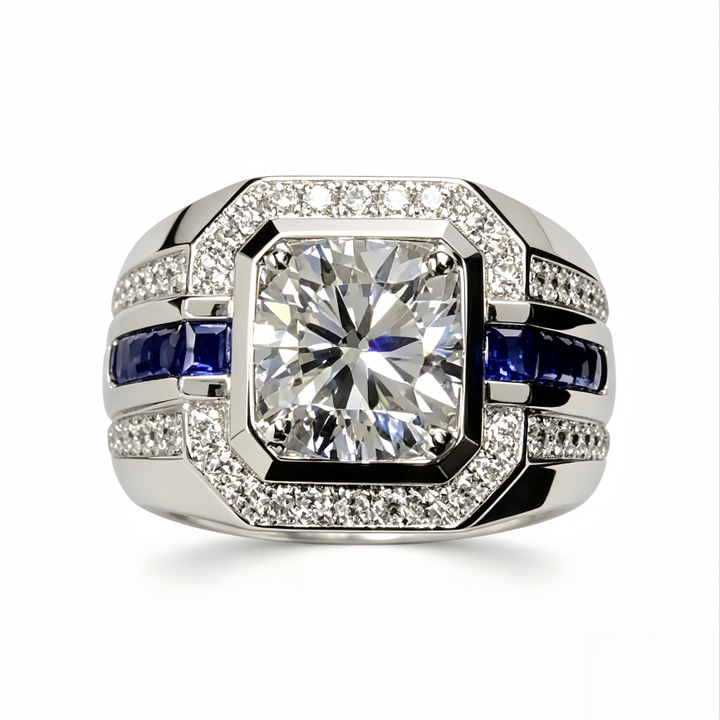 Vintage Square Center Stone Sapphire Diamond Wide Band Mens Ring