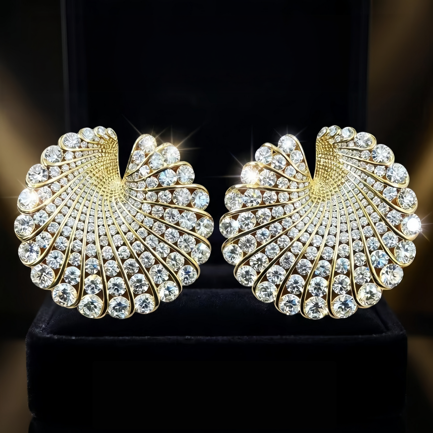 Fan‑Shaped Color Gemstone Paved Diamond Earrings Retro Gorgeous Large Statement Studs