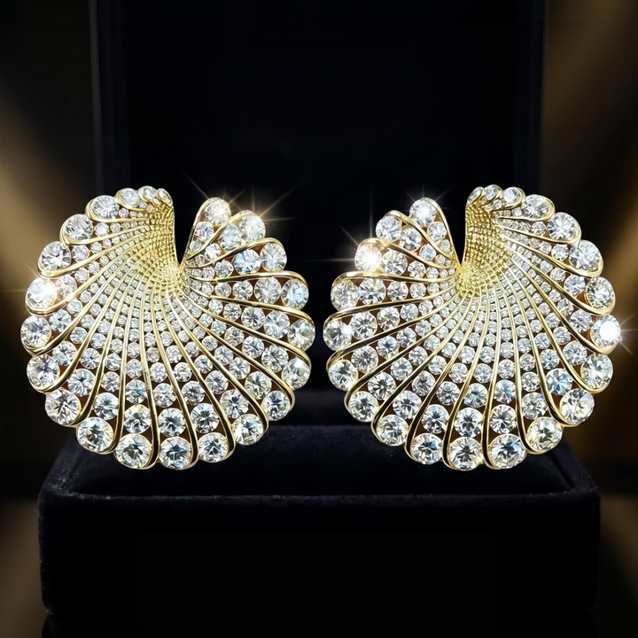 Fan‑Shaped Color Gemstone Paved Diamond Earrings Retro Gorgeous Large Statement Studs