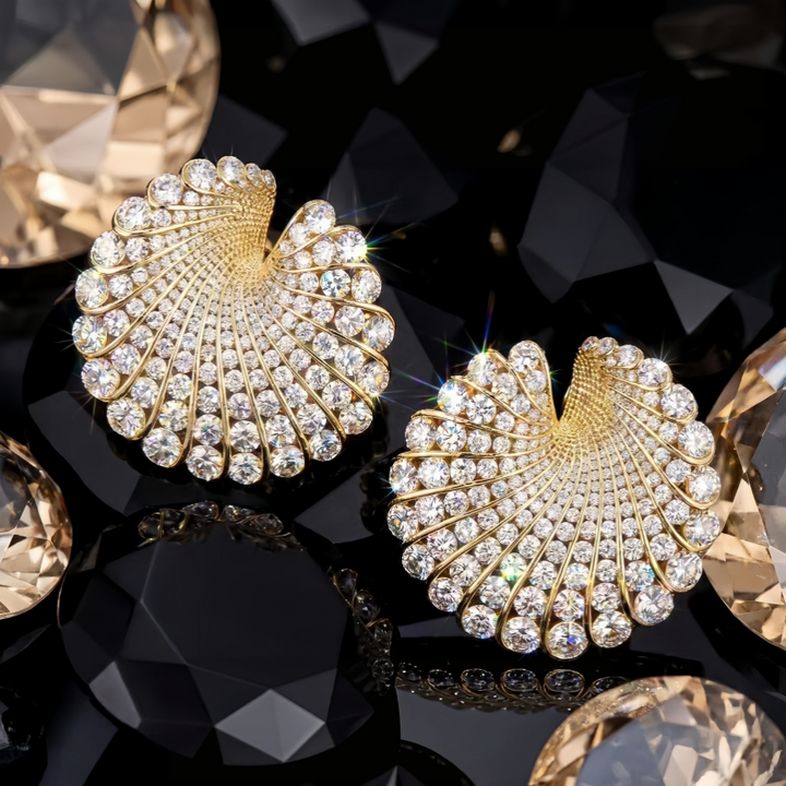 Fan‑Shaped Color Gemstone Paved Diamond Earrings Retro Gorgeous Large Statement Studs