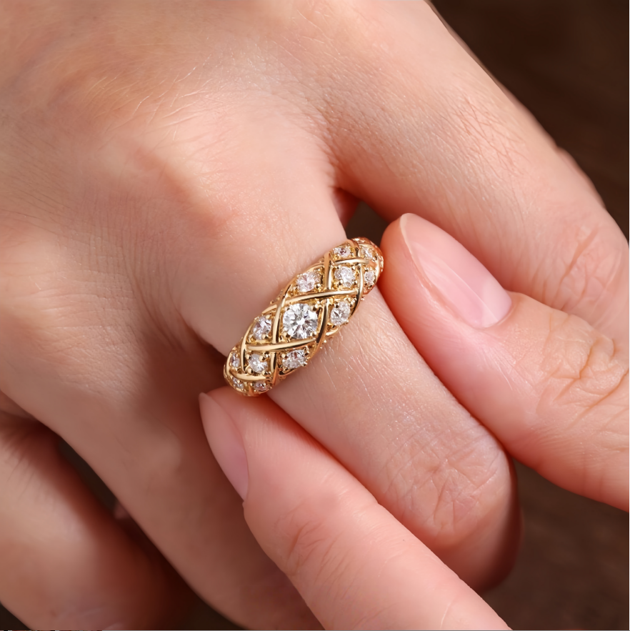 Vintage Woven Lattice Full Diamond Ring Luxury Wide Band Women Ring