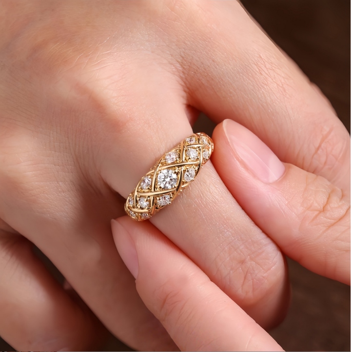 Vintage Woven Lattice Full Diamond Ring Luxury Wide Band Women Ring