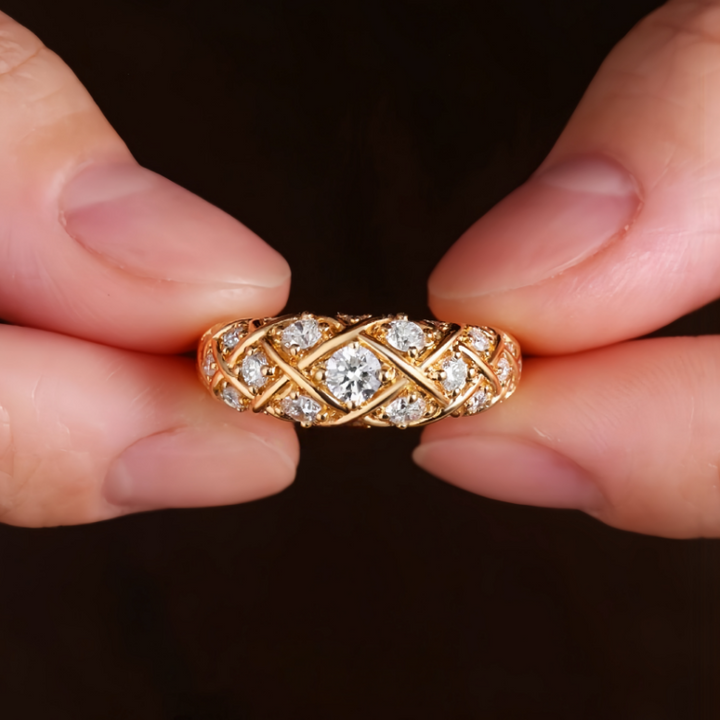 Vintage Woven Lattice Full Diamond Ring Luxury Wide Band Women Ring