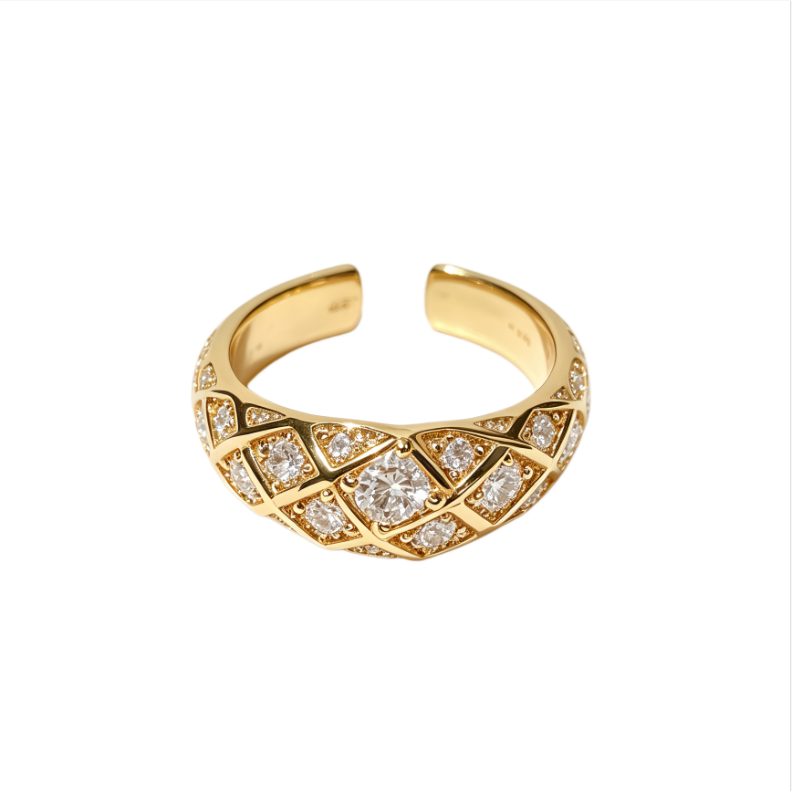 Vintage Woven Lattice Full Diamond Ring Luxury Wide Band Women Ring