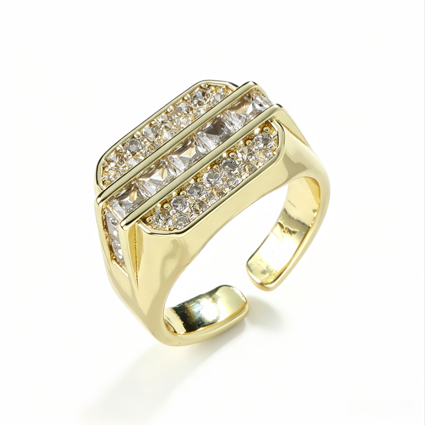 Wide Square Paved Diamond Open Ring Vintage Luxury Adjustable Sterling Silver Band