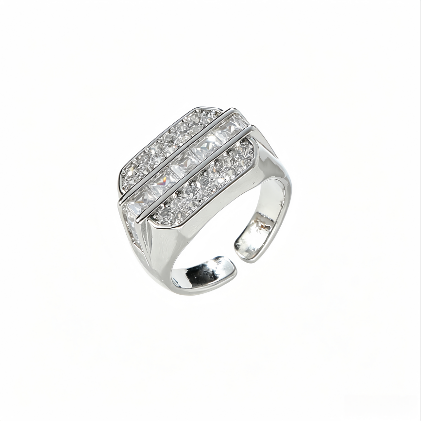 Wide Square Paved Diamond Open Ring Vintage Luxury Adjustable Sterling Silver Band