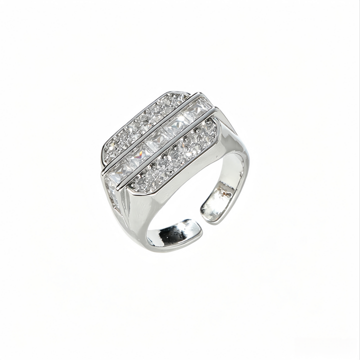 Wide Square Paved Diamond Open Ring Vintage Luxury Adjustable Sterling Silver Band