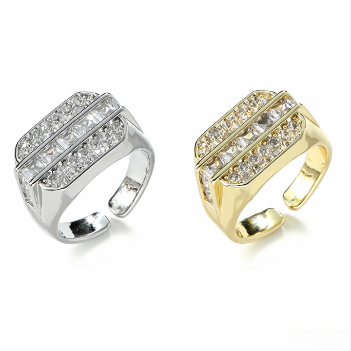 Wide Square Paved Diamond Open Ring Vintage Luxury Adjustable Sterling Silver Band
